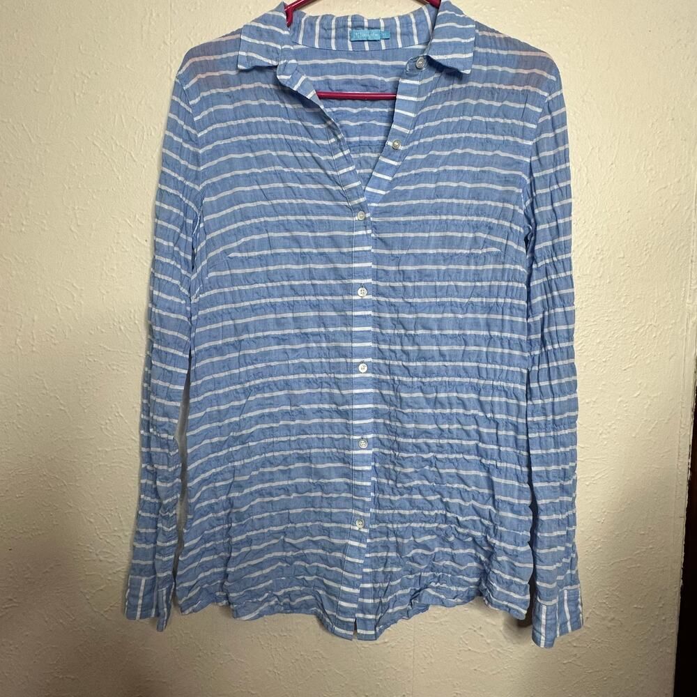 J McLaughlin Woman's Casual Long Sleeve Button up Blue White Striped Top Size XS